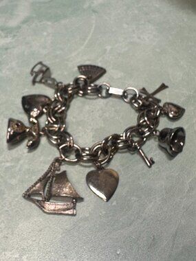 Vintage Silver Charm Bracelet Sailboat, Cross, Key, Heart, Phone
